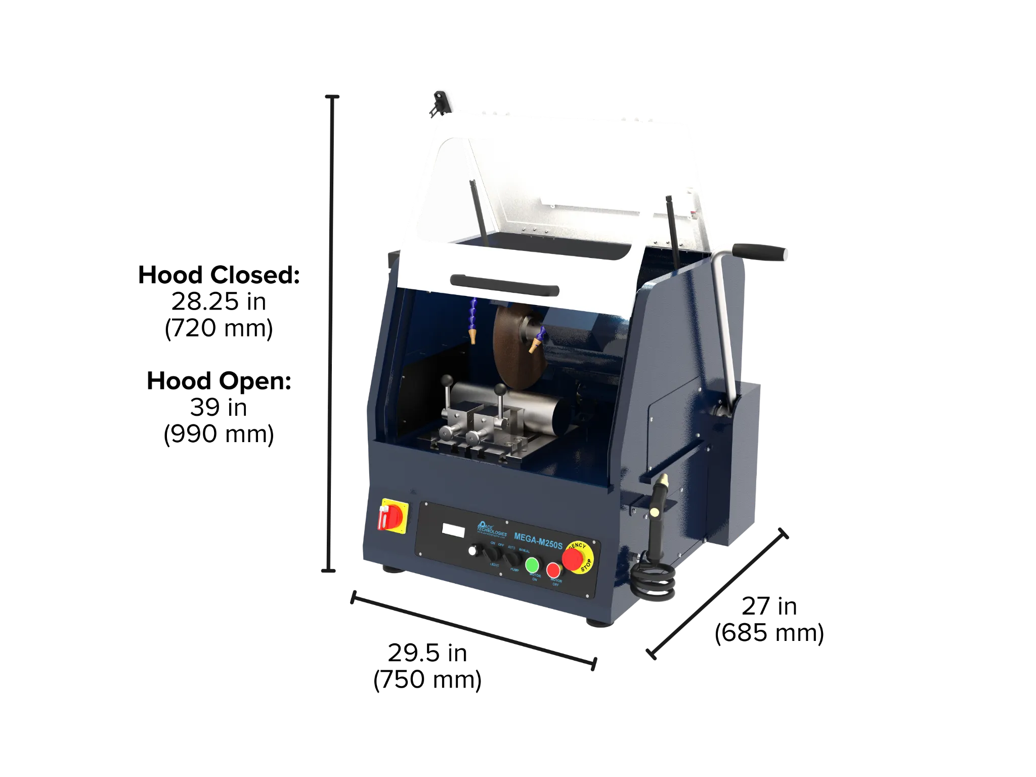 Image of the MEGA-M250S with key dimensions, such as width, depth, and length